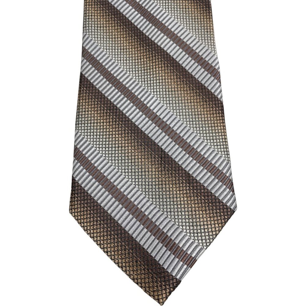 Joseph & Feiss Silk Tie Bronze Brown Silver Diagonal Striped Geometric Necktie